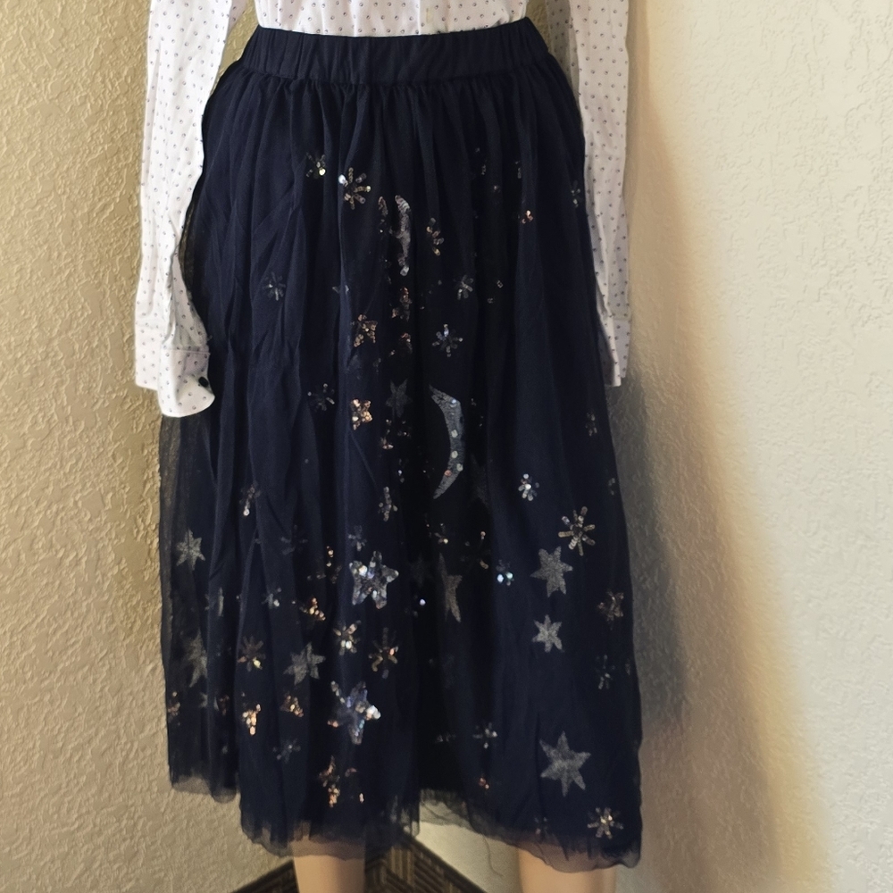 Moulinette Soeurs Blue Embellished A-Line Midi Skirt